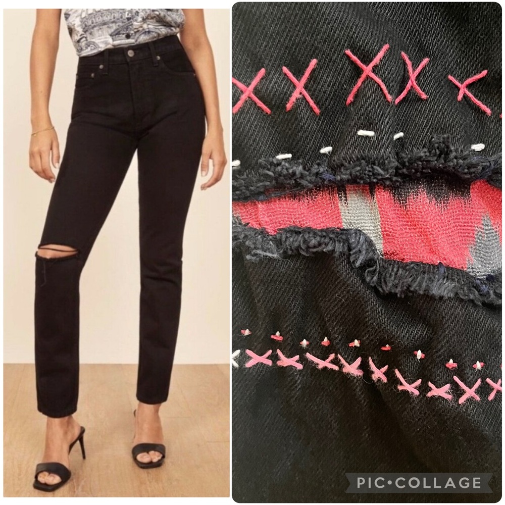 Reformation SAMPLE Julia High Cigarette Jeans Black Destroyed with Knee Patch
